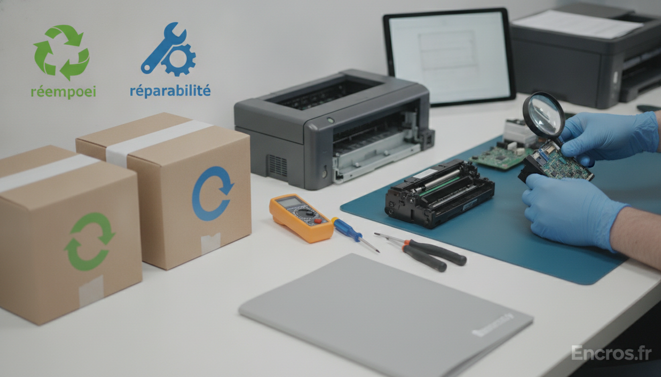 Imprimante blanche posée sur un bureau avec des documents techniques et une fiche explicative