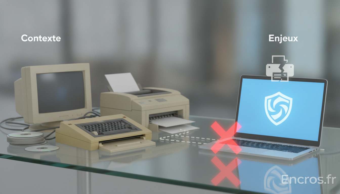 Poste de travail avec ordinateur portable, imprimante et documents techniques sur les paramètres d’impression protégée
