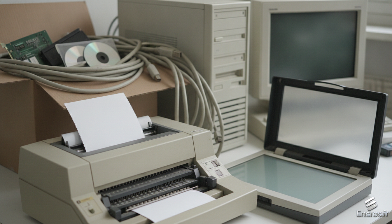 Imprimantes et scanners anciens connectés par câbles USB et réseau, avec ports et interfaces apparents.