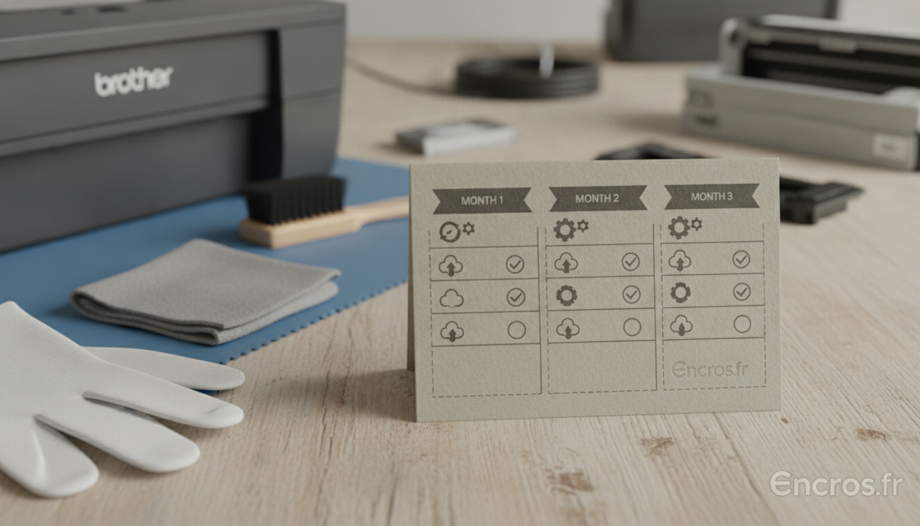 Calendrier d’entretien sur 3 mois avec tâches simples et pointeurs de vérification, posé sur un plan de travail.