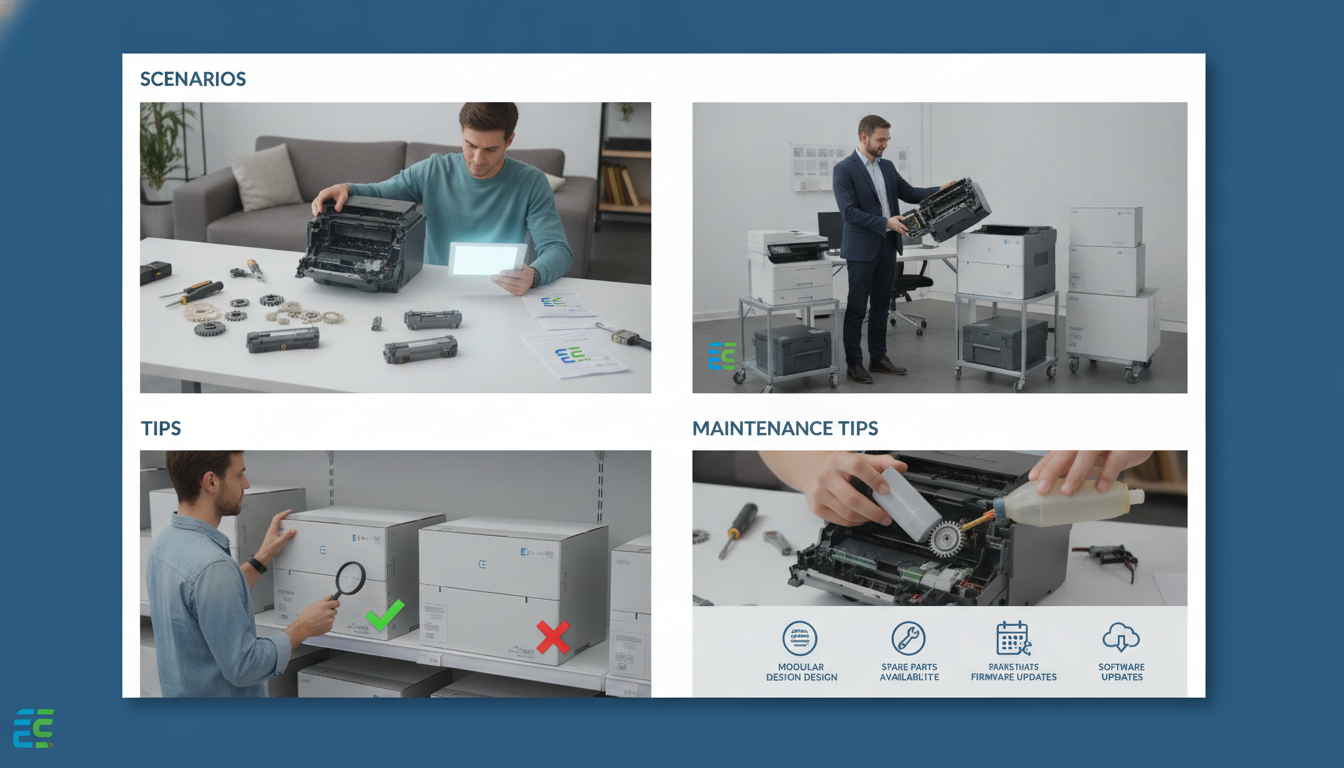 Imprimante sur un bureau entourée de documents techniques, fiches d’information et étiquettes de prix visibles.