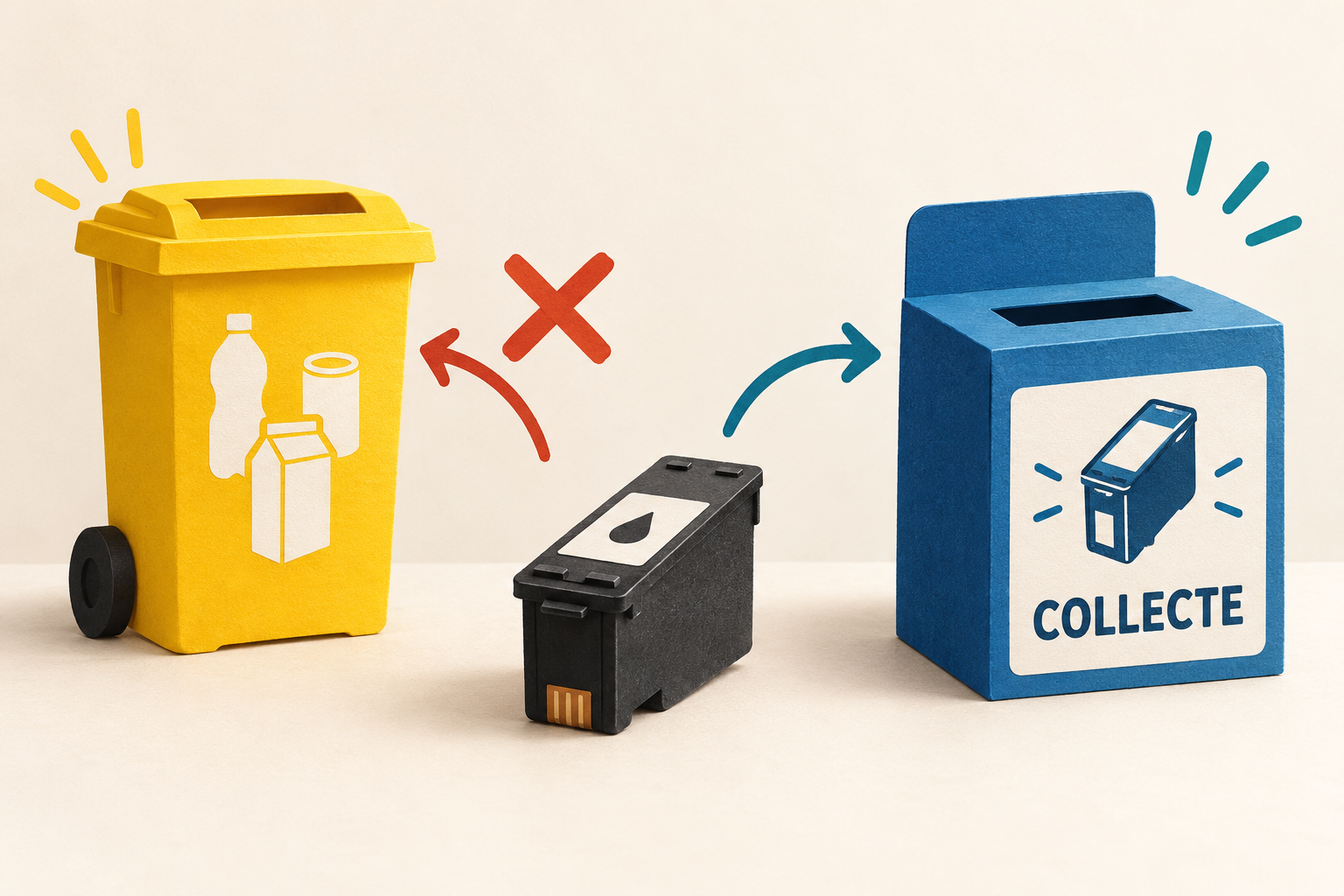Illustration conceptuelle d’une cartouche orientée vers une collecte dédiée plutôt que le bac jaune des emballages