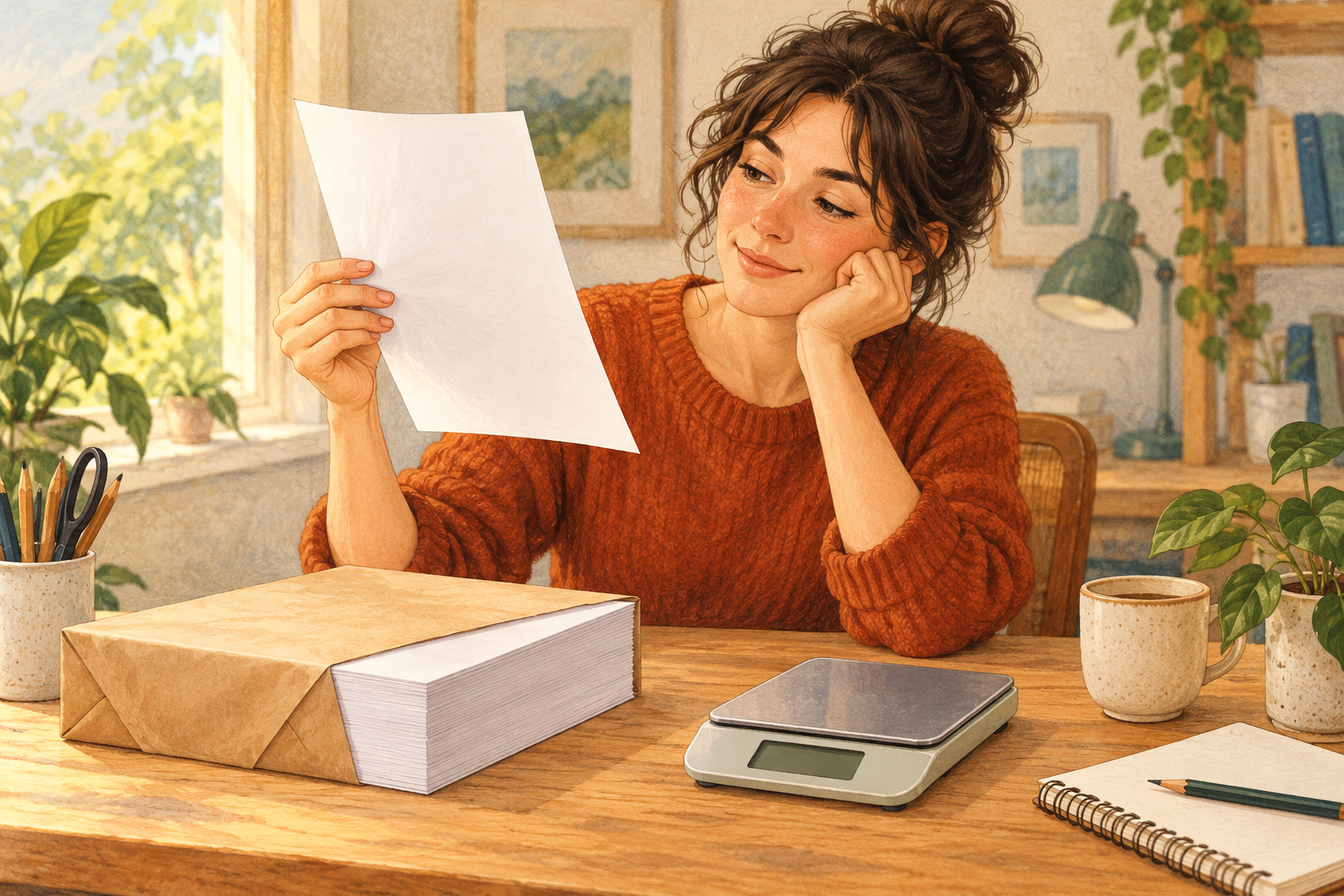 Illustration d’une lectrice tenant une feuille près d’une ramette générique et d’une balance sans mesure affichée