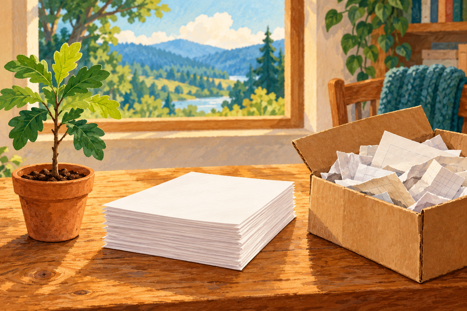 Illustration d’une pile de feuilles entre un petit arbre et une boîte de vieux papiers sans marque