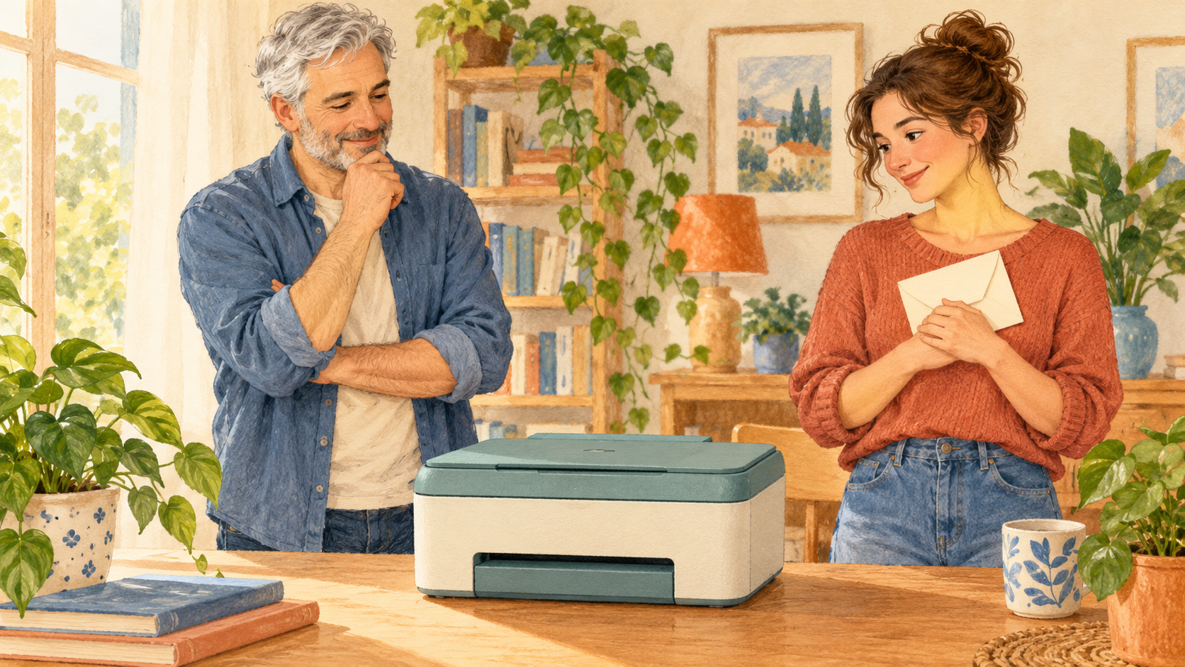 Illustration conceptuelle de deux adultes autour d’une imprimante imaginaire fermée, avec une enveloppe privée gardée à part