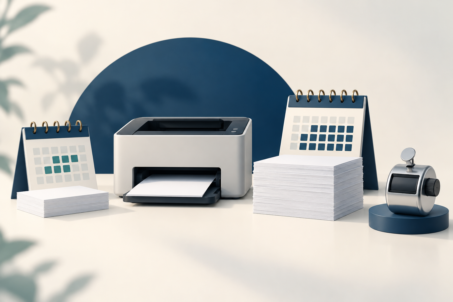 Illustration conceptuelle avec imprimante générique, deux calendriers, piles de papier et compteur distinct