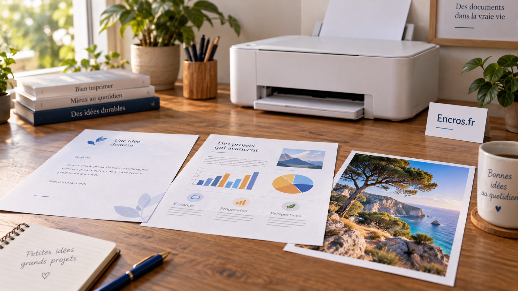 Illustration conceptuelle de documents aux contenus différents près d’une imprimante générique