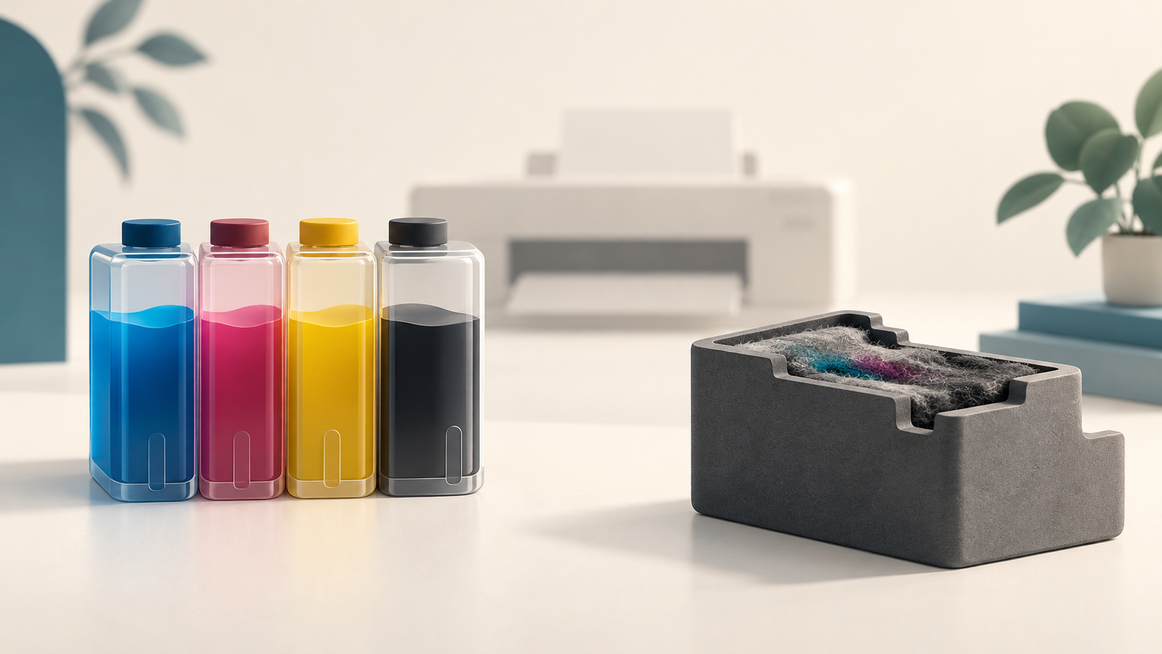 Illustration conceptuelle séparant les réservoirs d’encre et un collecteur absorbant générique, sans reproduire une EcoTank