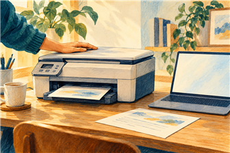 Illustration d’une imprimante générique conservée sur un bureau à côté d’un ordinateur portable récent