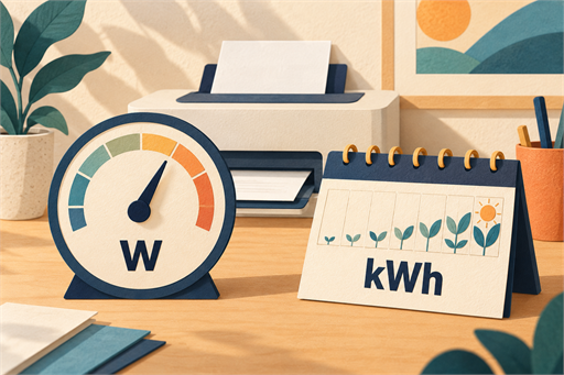 Un cadran imaginaire marqué W et un calendrier marqué kWh illustrent puissance et énergie devant une imprimante sans marque