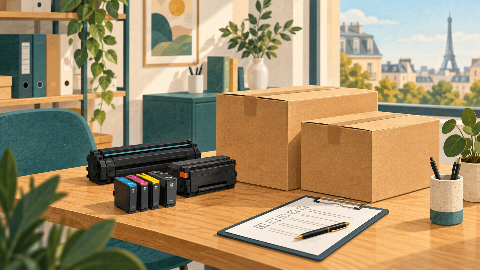 Illustration conceptuelle de cartouches génériques fermées, de cartons propres et d’une liste de vérification dans un bureau