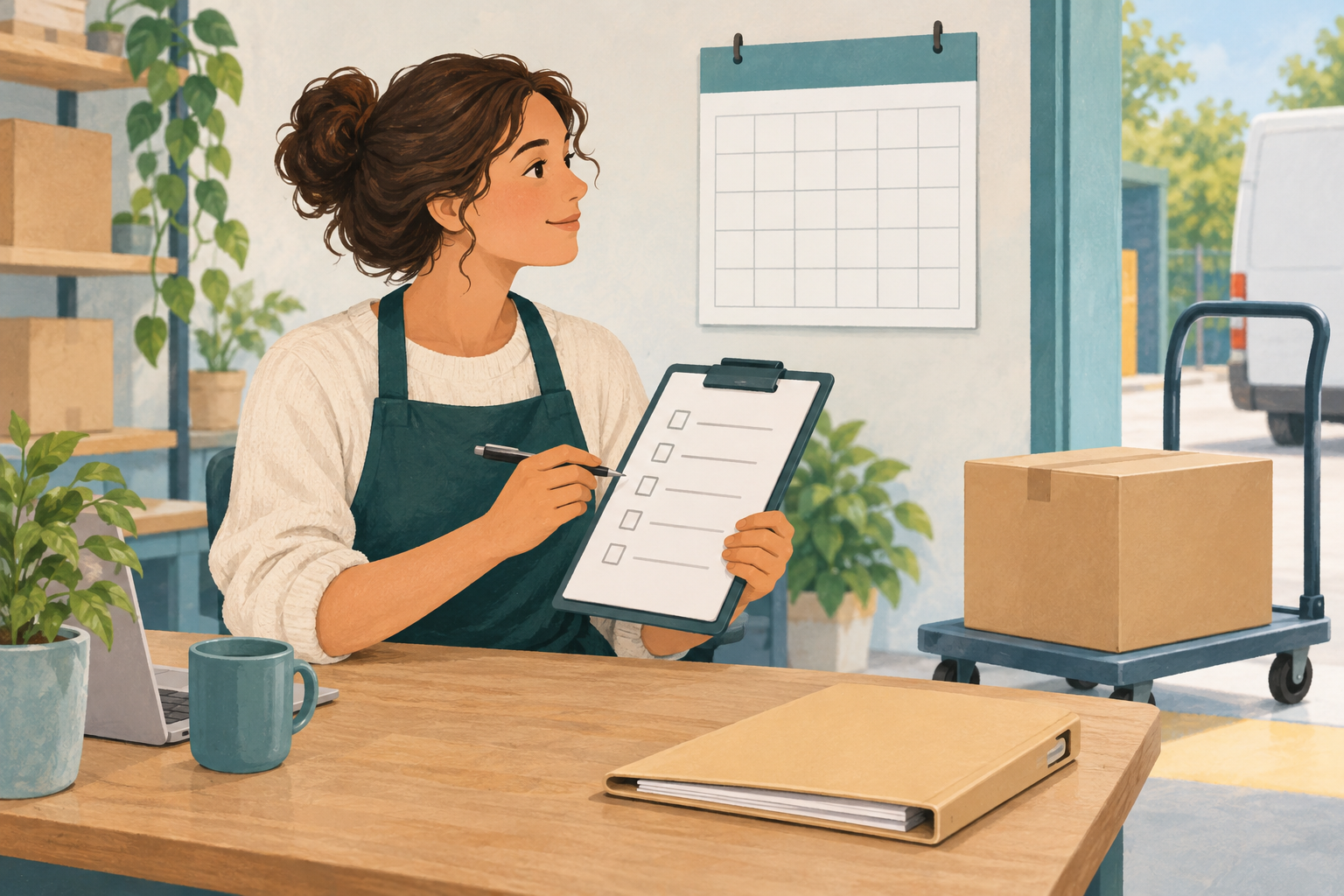 Illustration conceptuelle d’une personne vérifiant un rendez-vous, un carton fermé et un dossier de suivi