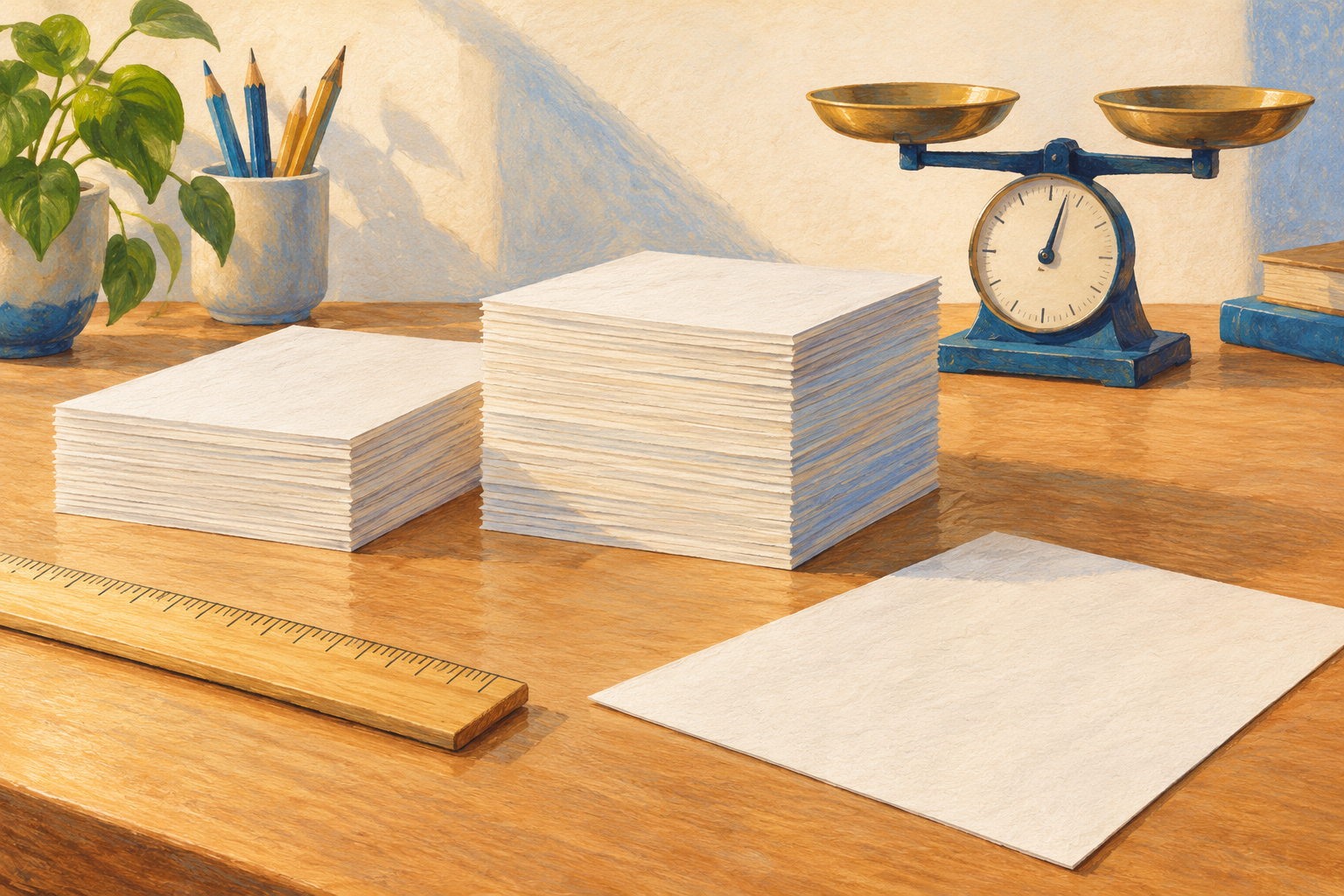 Illustration de deux piles de papier près d’une règle et d’une balance, sans valeurs de mesure