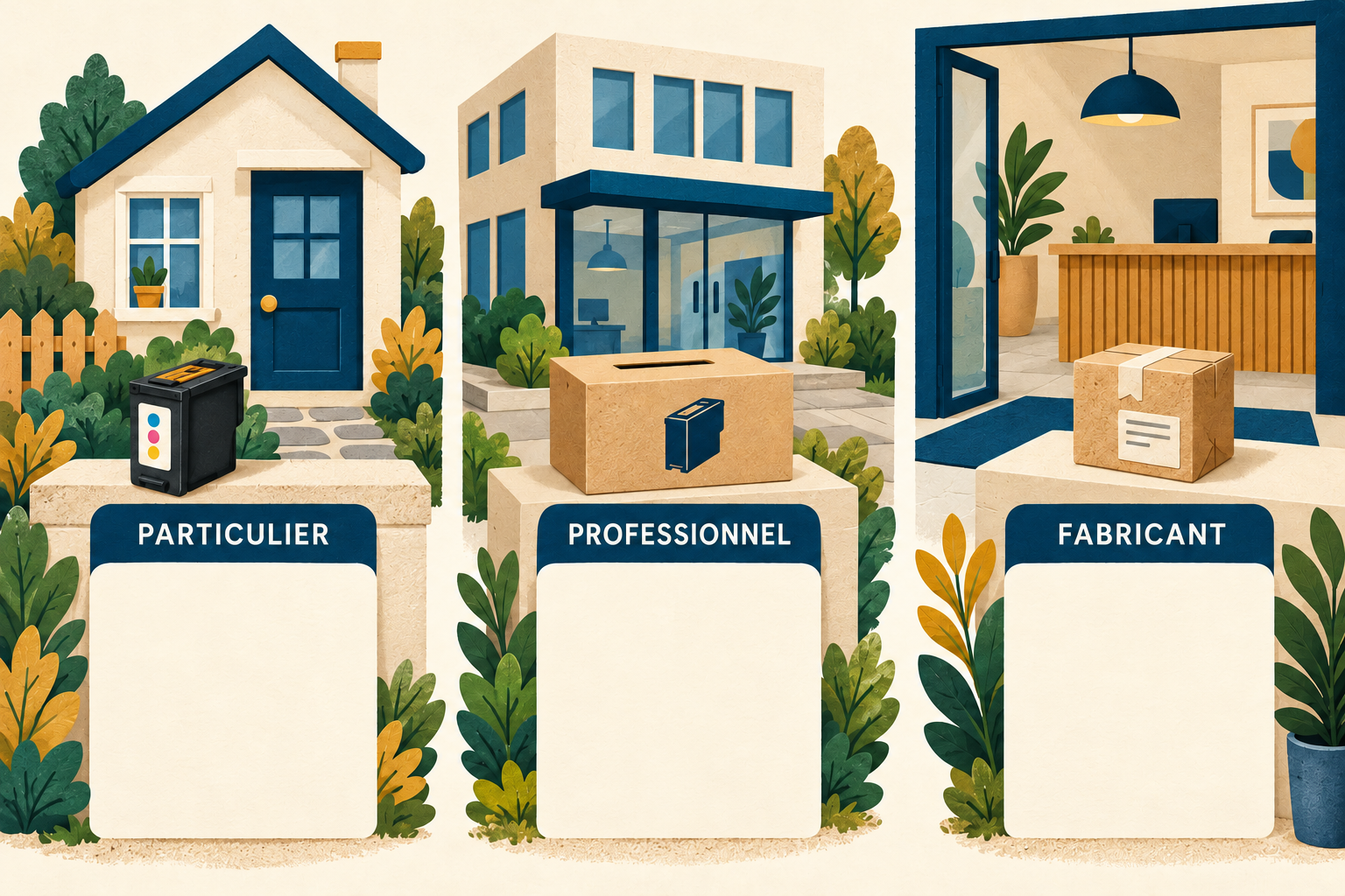 Illustration des trois contextes de collecte, particulier, professionnel et fabricant, sans règle universelle d’acceptation