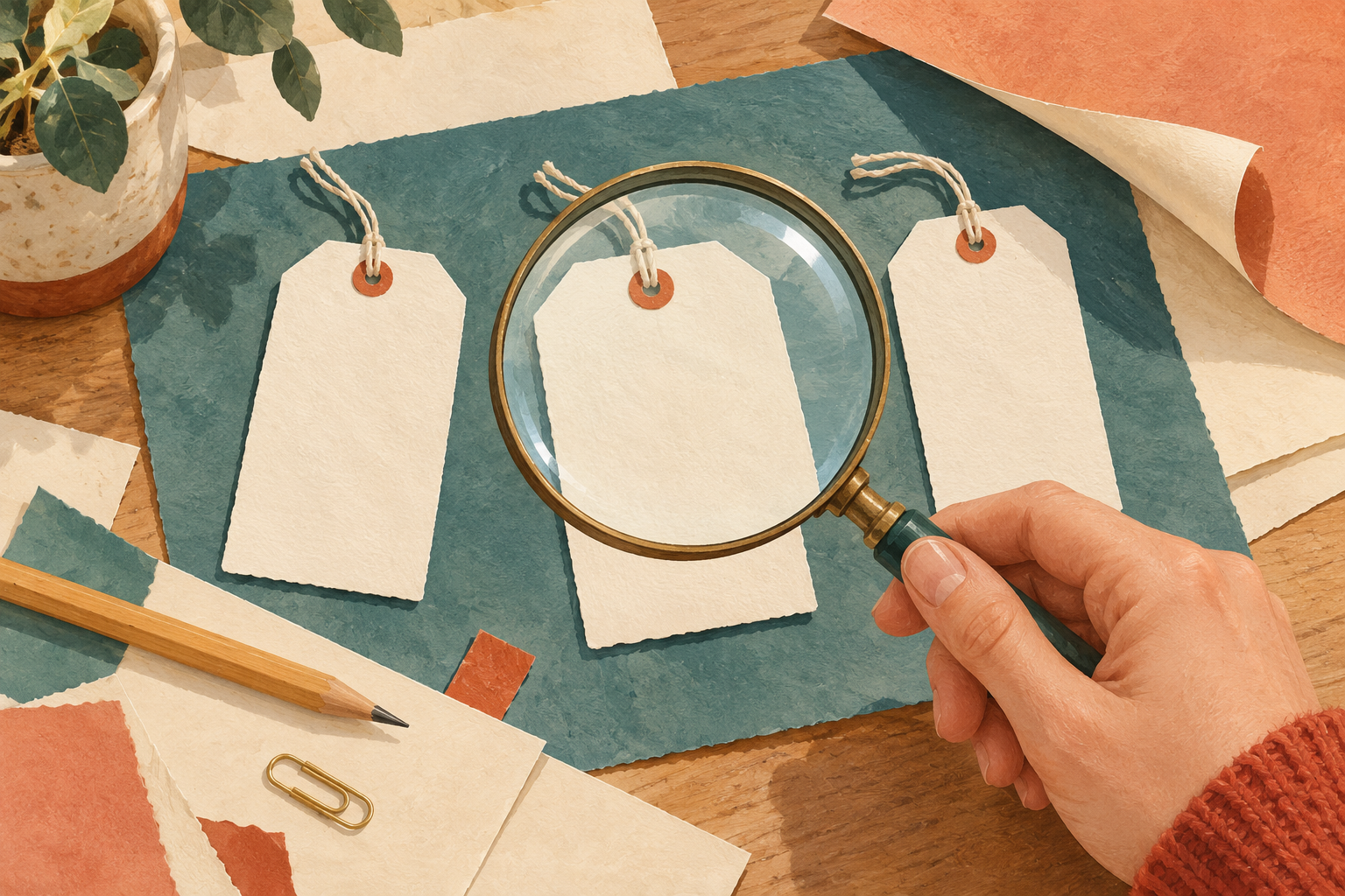 Illustration d’une loupe sur des étiquettes vierges près de feuilles et de chutes de papier