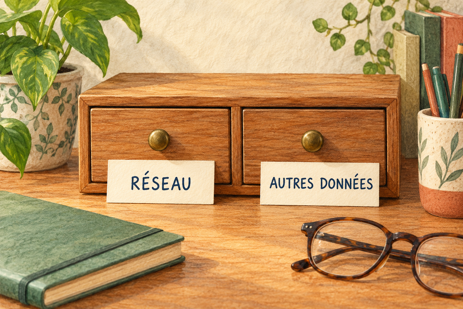 Illustration de deux petits tiroirs conceptuels fermés portant les mentions Réseau et Autres données