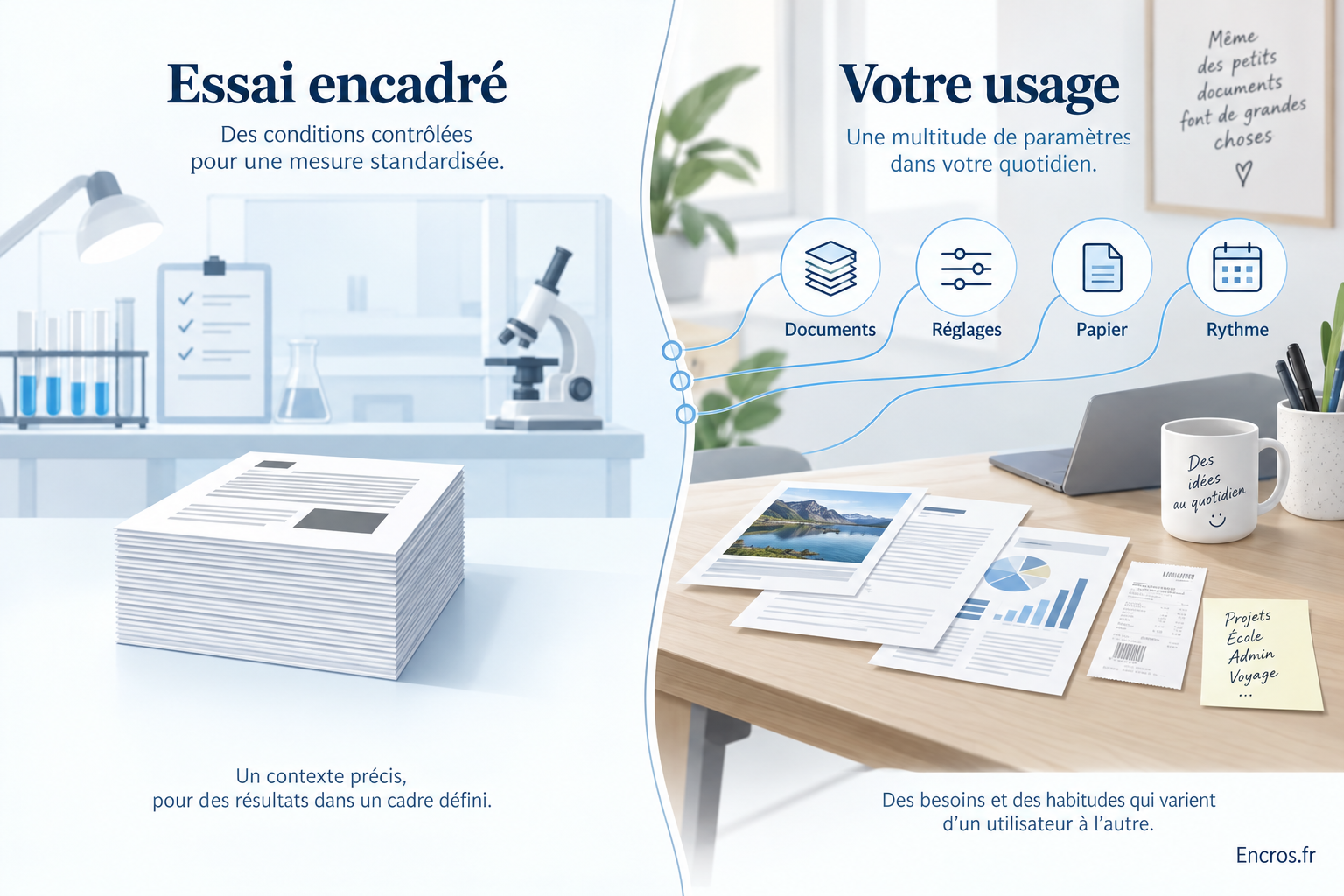 Illustration conceptuelle des variables qui distinguent un essai encadré d’un usage réel